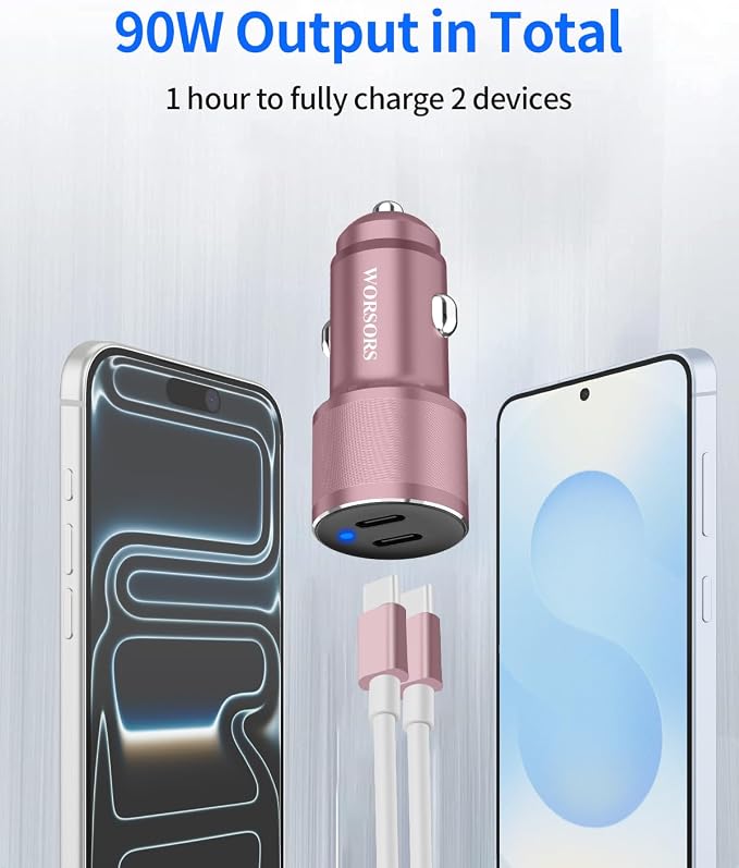 Pink Dual 45W USB C Car Charger, 90W Max Super Fast Charging, All Metal 12V Cigarette Lighter Adapter for iPhone 17 Pro Max/16/15/iPad, Samsung Galaxy S26+/S25, Google Phones with 2 Type C Cable 3.3ft