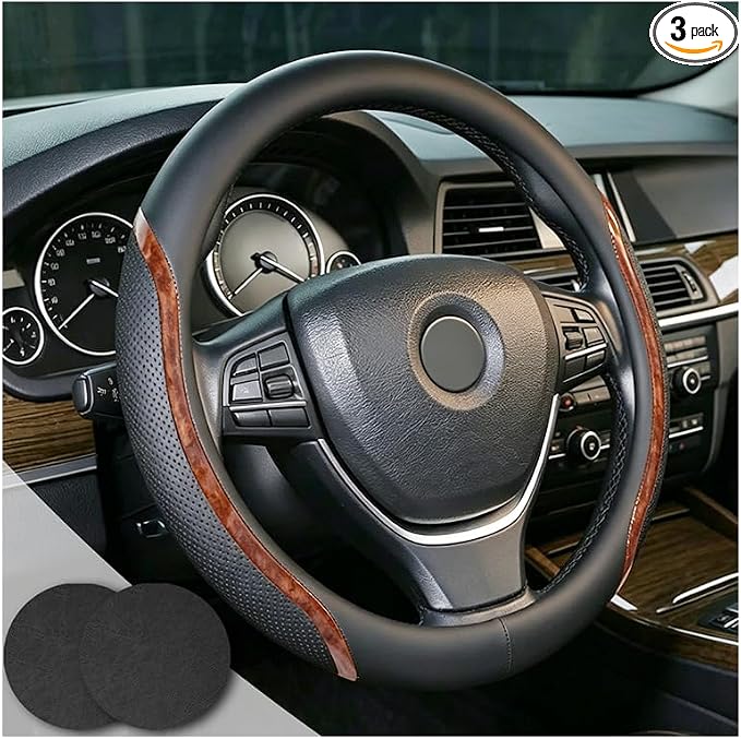 Steering Wheel Cover Black Wood Grain, Leather Car Steering Wheel Covers with Coasters Universal 14.5-15 inch Microfiber Breathable Anti-Slip Steering Wheel Accessories Set