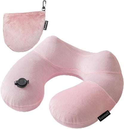 Keemall Inflatable Travel Pillow, Premium Soft Pink Velvet Inflatable Neck Pillow, Washable Lightweight Portable Travel Essentials for Flight Road Trip Camping Office, Travel Gift for Women Girls