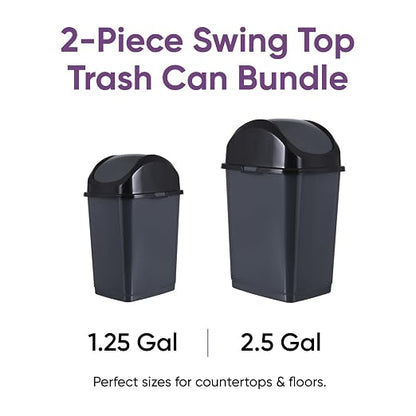 Superio Mini 1.25 Gallon and Small 2.5 Gallon Plastic Trash Cans with Swing Top Lid, Grey Waste Bin for Countertop, Desk, Vanity, Bathroom, 2 Pack (Grey)