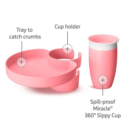 Munchkin Carseat Tray with Miracle 360 Sippy Cup for Toddlers 1-3 - Travel & Road Trip Accessory for Kids, Mess-Free Snacking and Spill Proof Drinking in The Car, Pink