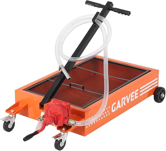 Garvee Oil Drain Pan, 15 Gallon Waste Oil Drain Pan for Oil Change, Steel, 8-8.2 ft Hose& Folding Handle&Rolling Cart, Heavy Duty for Trucks,Manual,Orange