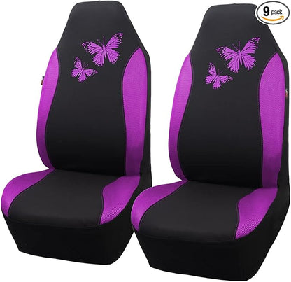 Flying Banner Butterfly car seat Covers ful Set Fashion Universal Lady Woman Female Rear Bench Split Colorized (2 Fronts, Purple)