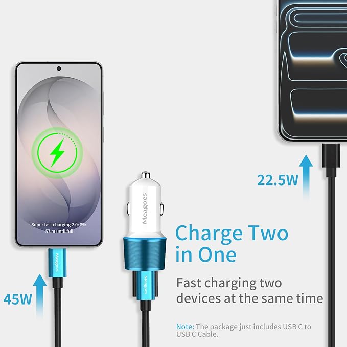 67.5W Blue Car Charger USB C Super Fast Charging, 45W USBC&QC3.0 Port Plug for iPhone 17 Pro Max/Air/16/15/iPad, Samsung S26 Android Cell Phone, Dual 12V Cigarette Lighter Adapter+ 3.3ft Type C Cable