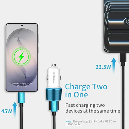 67.5W Blue Car Charger USB C Super Fast Charging, 45W USBC&QC3.0 Port Plug for iPhone 17 Pro Max/Air/16/15/iPad, Samsung S26 Android Cell Phone, Dual 12V Cigarette Lighter Adapter+ 3.3ft Type C Cable