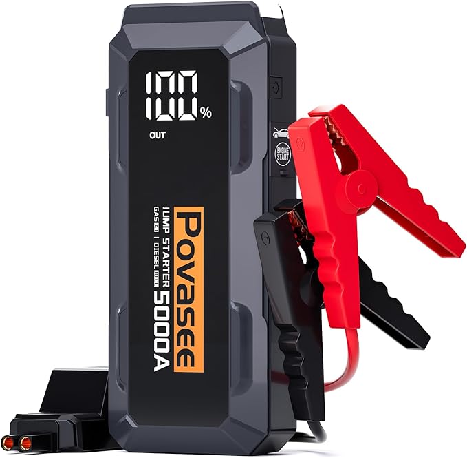 5000A Jump Starter | Povasee A40 Car Battery Jump Starter, 12V Portable Power Pack for All Gas & 10L Diesel Engines, with 3" LCD Display, Dual USB Output & Multi-Mode LED Light
