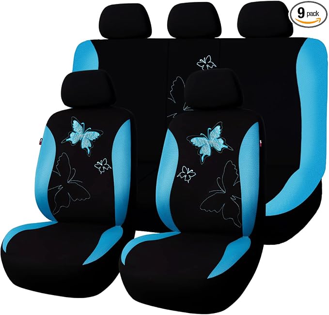 Flying Banner Butterfly car seat Covers ful Set Fashion Universal Lady Woman Female Rear Bench Back Split Colorized (Mint Blue, Full Set - Lace)