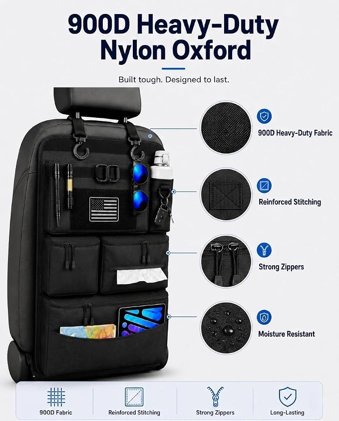 Backseat Car Organizer, Heavy Duty Tactical MOLLE Car Seat Back Organizer with 6 Pockets, 2 Sturdy Hooks, 2 D-Ring Clips, US Flag Patch & Hook Loop Panel, Universal Fit for Car SUV Truck Jeep Ford