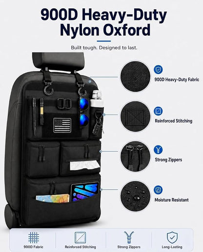 Backseat Car Organizer, Heavy Duty Tactical MOLLE Car Seat Back Organizer with 6 Pockets, 2 Sturdy Hooks, 2 D-Ring Clips, US Flag Patch & Hook Loop Panel, Universal Fit for Car SUV Truck Jeep Ford