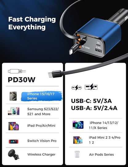 [Upgraded] 4 in 1 Retractable Car Charger, SUPERONE Smaller Fast Car Phone Charger 69W with Cord, USB C and iPhone Car Charger Adapter, Compatible iPhone 17/17 Pro Max/16/15/14/13, Sumsung