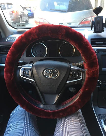Andalus Brands Luxury Fluffy Car Steering Wheel Covers – Genuine Merino Sheepskin, Soft Fuzzy Car Steering Wheel Cover for Women, Universal 14.5-15" Size, Plush Fur Cute Auto Accessories, Dark Red