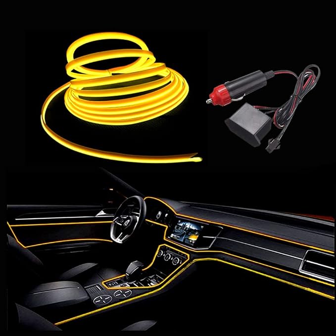 MaxLax Yellow EL Wire Car Interior LED Kit - 16.4ft Flexible neon-Style Wire with 12V Fused Power Supply. Features 6mm Reinforced Edge for Easy auto Installation