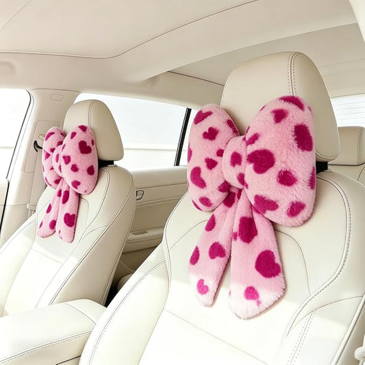 Sexysamba 2 Pcs Plush Bow Car Headrest Neck Pillow Cute Bow Pillow for Car Seat Décor Soft Neck Support for Comfortable Driving Traveling Office Fluffy Head Rest Cushion, Pink Heart Print