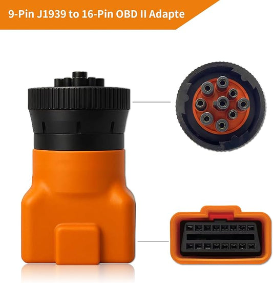 9 Pin J1939 Male to 16 Pin OBD2 Adapter, Heavy Duty Truck Diagnostic Scanner Connector, Compatible with Freightliner, Kenworth, Cummins, Volvo, Western Star & International Trucks（Orange）