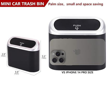 Ginsco Mini Car Trash Can with Lid, Small Car Garbage Can, Cute Leakproof ABS Car Trash Bin, Car Accessories for Interior, Garbage Bin for Car, Home, Office with 120pcs Trash Bags Black/Silver