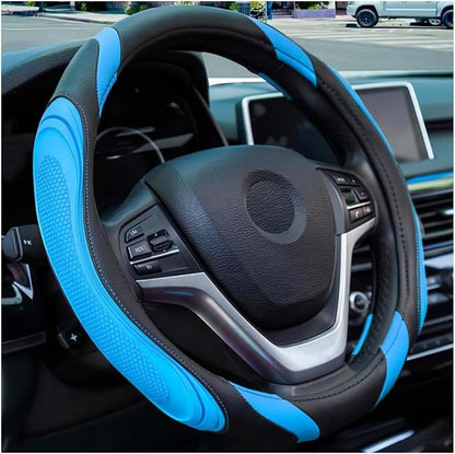 Osilly 15 Inch Car Leather Steering Wheel Cover, Automotive Accessories Elastic Breathable Anti-Slip Soft Wheel Protector Fits Men and Women, Suitable for SUVs, Trucks, Vehicles and RVs (Blue)