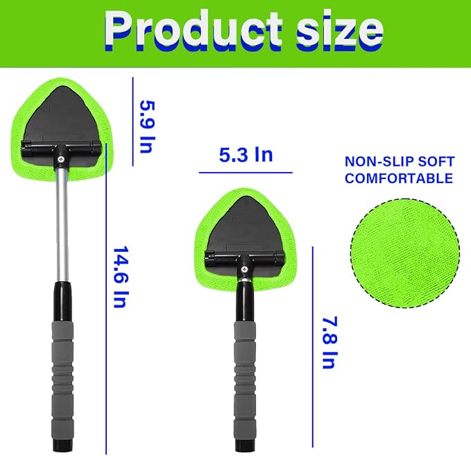 Windshield Cleaning Tool, Car Window Cleaner with 4 Washable Reusable Microfiber Pads, Extendable Long Handle Glass Wiper Cleaning Kit, Auto Accessories Universal for Office and Home (Green)