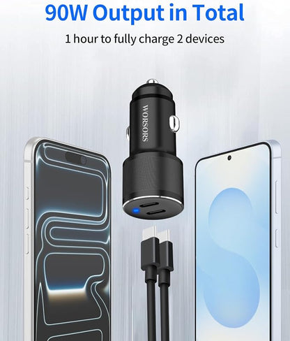 Dual 45W USB C Car Charger, 90W Max Super Fast Charging, All Metal 12V Cigarette Lighter Adapter for iPhone 17 Pro Max/16/15/iPad, Samsung Galaxy S26/S25, Google Phones with 2 Type C Cable 3.3ft Black