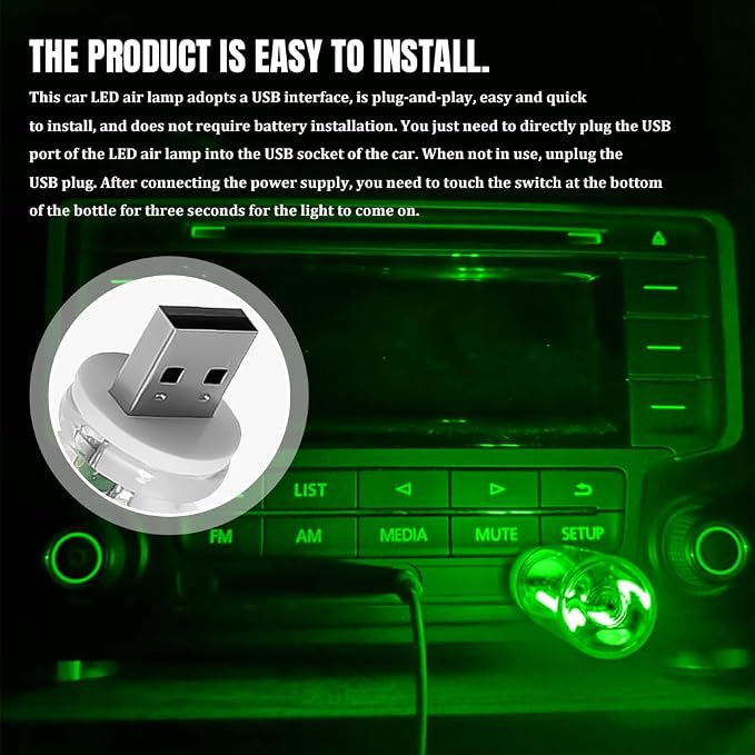 USB LED Car Interior Atmosphere Light, Car USB Night Light, Plug-in Auto Ambient Lighting Retro Lamps, Touch Adjustment LED Automotive Night Lamp Auto Accessories for bedrooms Camping (Green)