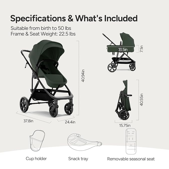Mompush Wiz Pro 2-in-1 Baby Stroller, Full-Size All-Terrain Premium Stroller with Newborn Mode and Reversible Seat, Snack Tray Included, Large UPF 50+ Canopy & Storage Basket
