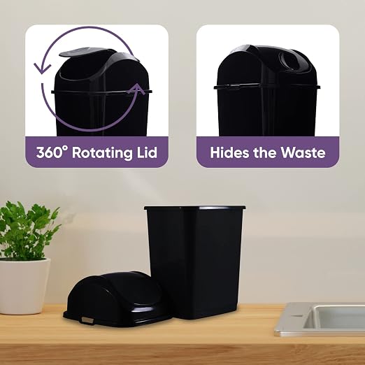 Superio Mini Desktop Trash Can with Swing Top Lid Portable Plastic Garbage Can for Countertop, Desktop, Make up Vanity, Bathroom, Car, Under Sink, Dorm Compact Waste Bin 5 L 1.25 Gal (3, Black)