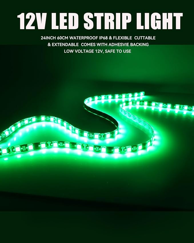 Car Led Strip Lights 24" Connectable Green 12V Led Light Strip for Cars Golf Cart Boat Marine Motorcycle Waterproof Strip, 4Pack