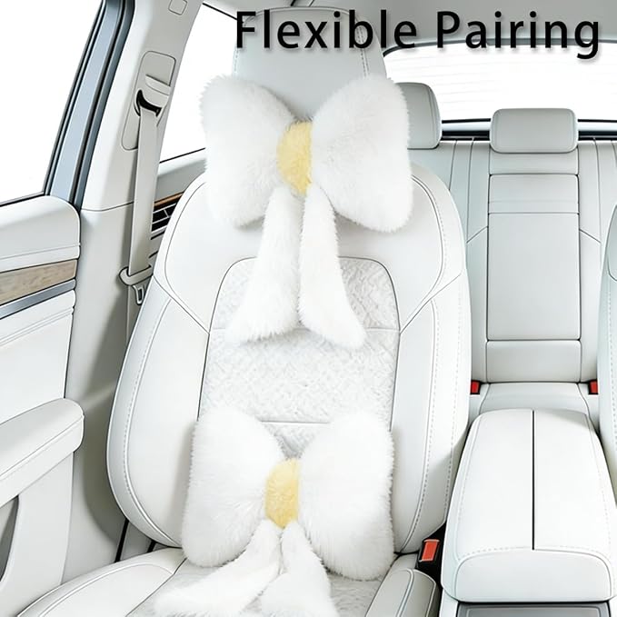 Sexysamba 2 Pcs Plush Bow Car Headrest Neck Pillow Cute Bow Pillow for Car Seat Décor Soft Neck Support for Comfortable Driving Traveling Office Fluffy Head Rest Cushion, White