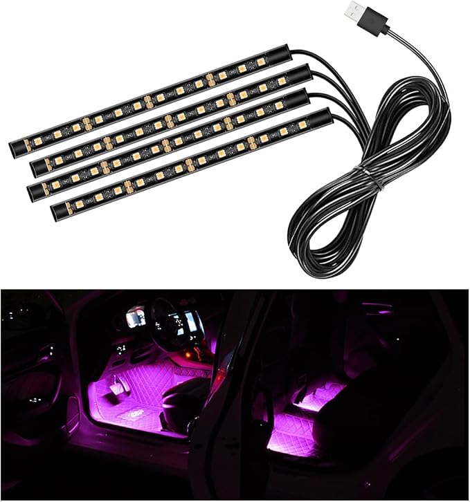 Car LED Strip Light, 48 LEDs RGB Neon Interior Atmosphere Lights, 12V Under Dash Ambient Night Light, USB Port Auto Interior Decorative Lamp, Universal Car Accessories (Pink Purple)