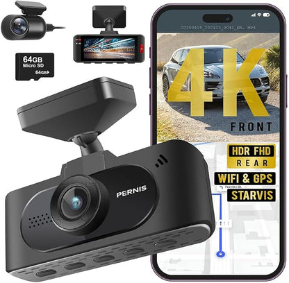 PERNIS 4K Dash Cam Front and Rear, STARVIS Sensor, Free Card Included, 2.4GHz WiFi Dual Dash Camera for Cars, Built-in GPS, Night Vision, G-Sensor, Emergency Lock, 3.16'' IPS, Parking Mode(DS315)