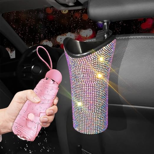 Riloer Bling Car Trash Can Rhinestones Car Trash Can for WomenGlittering Vehicles Trash Can Designed for Small Folding Umbrella Car Trash Bin Red