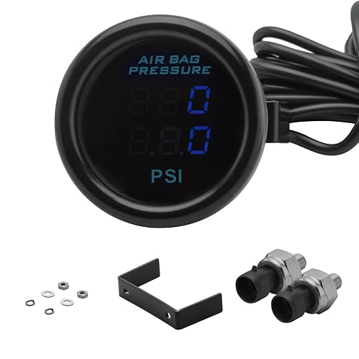 Dual Display Air Suspension Gauge Air Ride Air Pressure Gauge 2Inch 0-220PSI with 2Pcs 1/8NPT Sensors and 16.5ft Sensor Cable LCD Blue