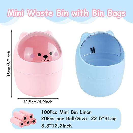 Mini Trash Can, Cute Small Trash Can with Lid, Desktop Paper Bin with 5 Rolls of Bin Liners, Portable Tabletop Dustbin, Cartoon Animal Rubbish Storage for Office Bedroom Desk Car Kitchen(Pink)