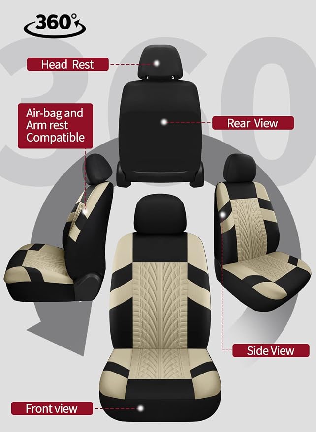 VarCozy Car Seat Covers Full Set, Front & Split Rear Bench for Car, Universal Cloth SUV, Sedan, Van, Automotive Interior Covers, Airbag Compatible
