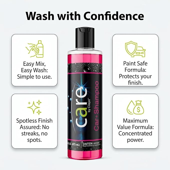 Care Car-Shampoo and Soap - Car Detailing Kit Essential - Vehicle Cleaning Supplies - Produces Thick, Foamy Suds - Gentle on Wax and Sealants, 16 Oz.