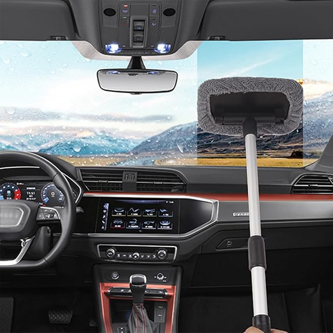 Windshield Window Cleaner Tool, Windshied Car Window Cleaner with Extendable Handle, Car Glass Cleaning Brush with Reusable Microfiber Pads(1 Set)