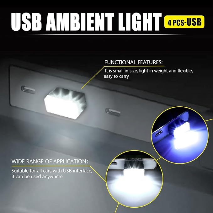 4 PCS USB LED Car Interior Atmosphere Lamp, Portable Mini Auto LED Decor Night Light, Plug-in USB Interface Ambient Lighting Kit, Universal Car Interior Accessories(White+Blue)