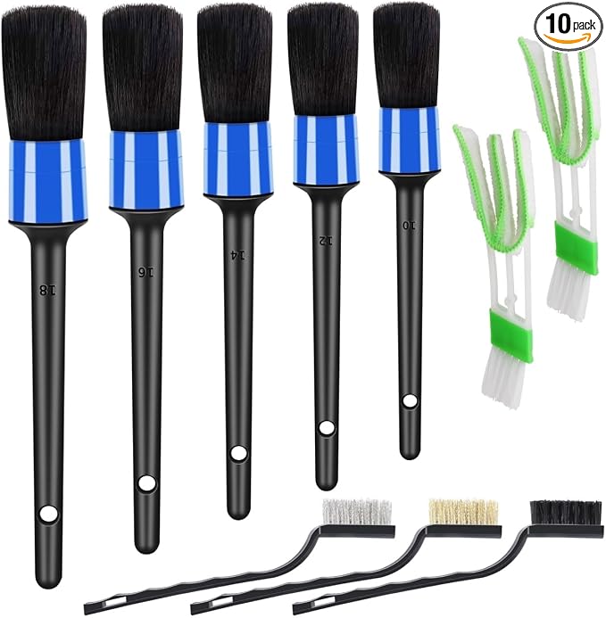 HMPLL 10pcs Detailing Brush Set, Multi-Purpose Car Detailing Brushes for Cleaning Car Interior, Exterior, Engine, Leather, Including 5 car Cleaning Brush, 3 Wire Brush, 2 Air Vent Brush,Blue
