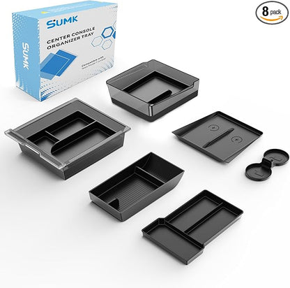 Center Console Organizer Tray for Tesla Model Y Juniper 2026 2025 (Premium & Performance), 8PCS - PC Material & Silent Silicone Armrest Storage Box Bottom Liners Wireless Charging Pad Cup Holder