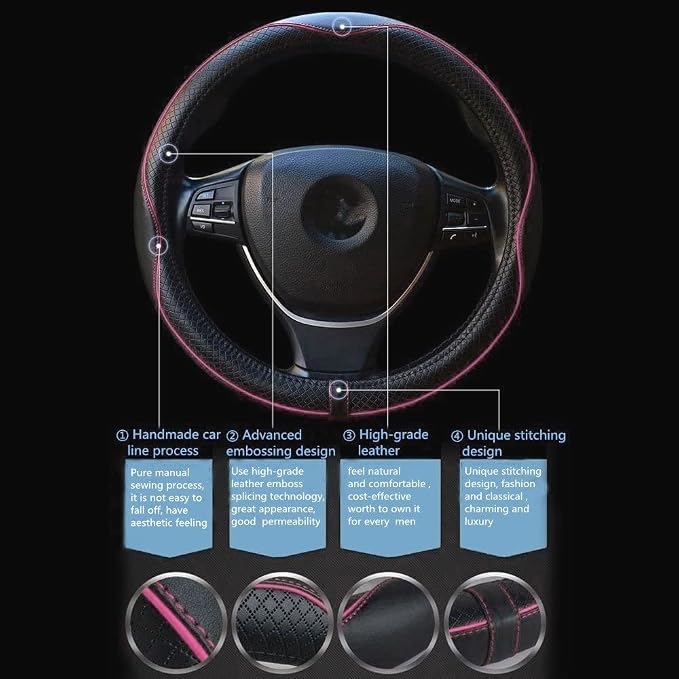 Car Steering Wheel Cover, Anti-Slip, Safety, Soft, Breathable, Heavy Duty, Thick, Full Surround, Sports Style (Black with Pink Line)