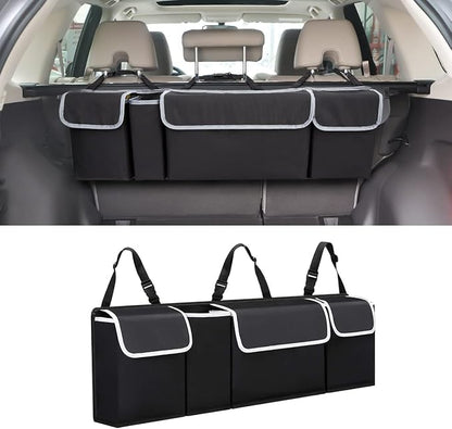 Car Trunk Organizer and Storage, Backseat Hanging Organizer for SUV, Truck, MPV, Waterproof, Collapsible Cargo Storage Bag with 4 Pockets, Car Interior Accessories (Black)