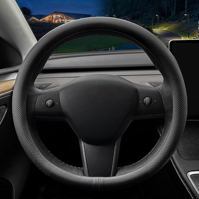 LKWLIKEI Nappa Leather Ultra-Thin Steering Wheel Cover, for Tesla Model 3/Y Steering Wheel Cover, Non-Slip Design and Interior Modification of car Accessories (Black)