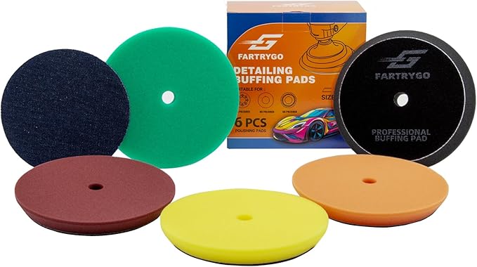 5 Inch 6-Pack Foam Buffing & Polishing Pads Kit – Full 800–3000 Grit Correction System with Denim Texture Pad for Orange Peel, Swirl Removal, High-Gloss Auto Finish, DA & Rotary Compatible