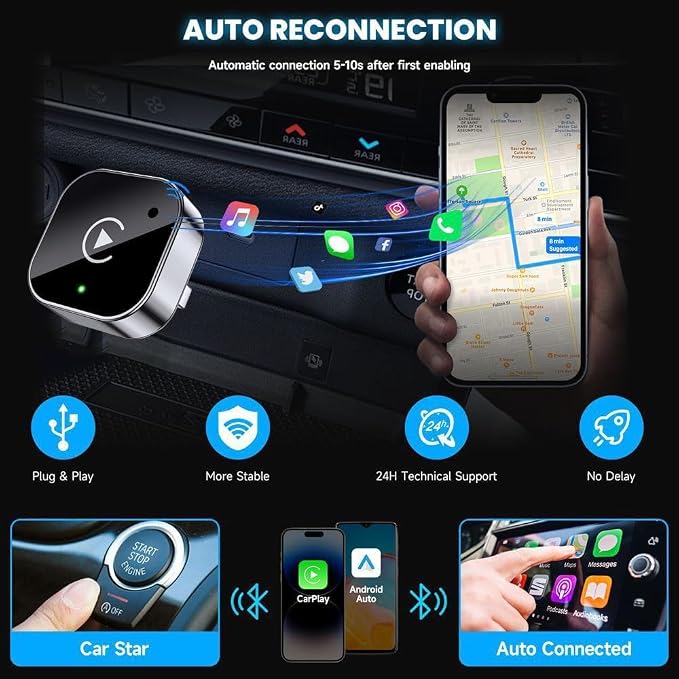 Wireless CarPlay and Android Auto Adapter for Datsun GO 2019-2022- Mini Plug and Play Converter for Stable Connection