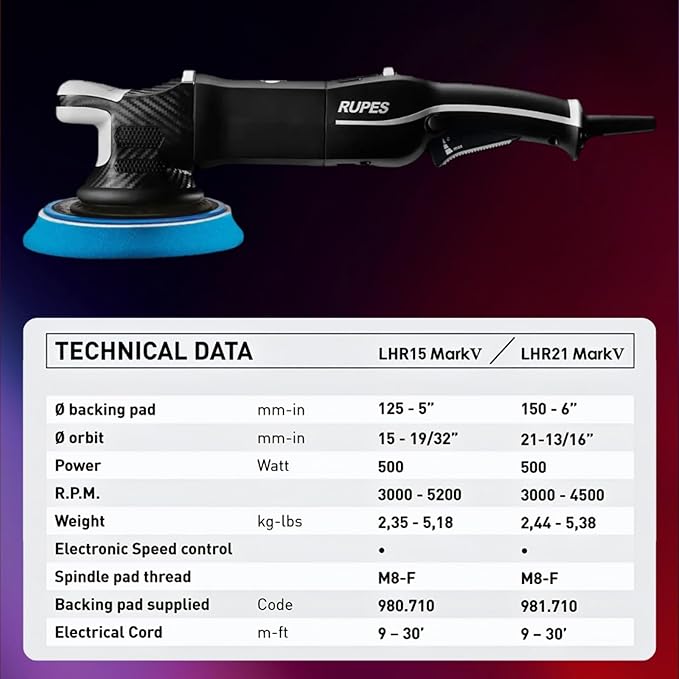 RUPES LHR21V Starter Kit for BigFoot Mark V Random Orbital Polisher - Additional Accessories Included - Reduced Noise & Vibrations - Enhanced Motor Efficiency - Provides Optimal Balance