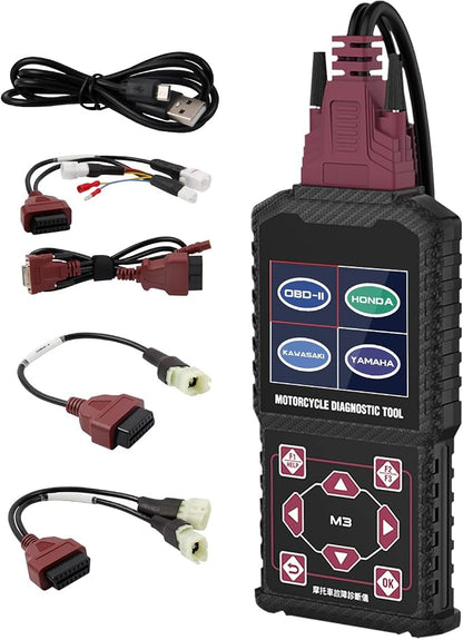 M3‑A Motorcycle Diagnostic Tool for Honda 4P, Kawasaki 4‑6P, Yamaha 2/3/4P – Read/Clear Fault Codes & Live Data, ECU/Service/Throttle Reset, ABS Bleed, OBD2 Scanner
