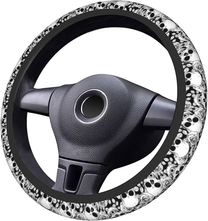 Skull Steering Wheel Cover Non Slip Black and White Neoprene Steering Wheel Protector Covers Universal 15 inch for Women Men Car Accessories