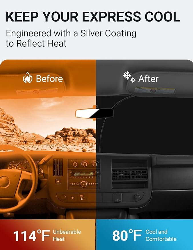 Proadsy Windshield Sun Shade Custom Fit 1996-2025 2026 Chevrolet Express Cargo Van, 1500, 3500, 4500 4-Layer Foldable Front Sunshade Protector Sun Visor Blocker Keep Car Cooler Accessories