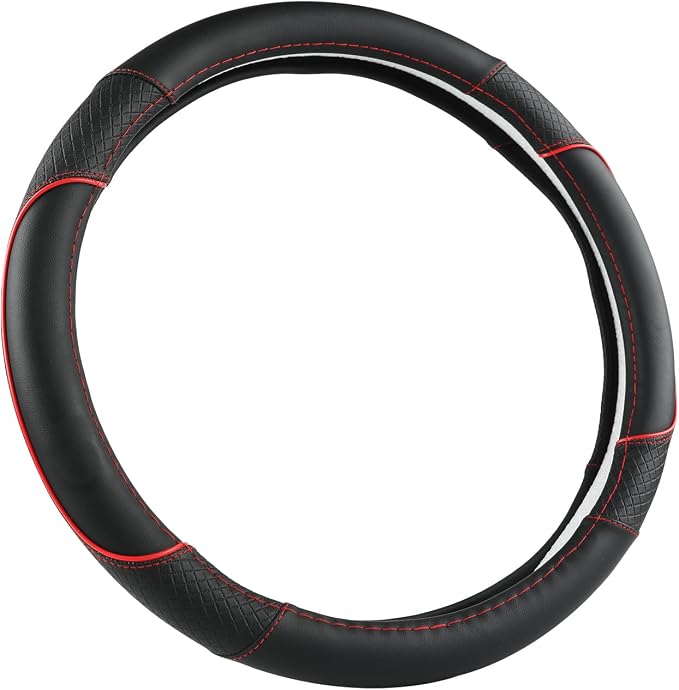 GIANT PANDA Steering Wheel Cover for Honda Civic(2006-2015),CR-Z, Insight, S2000 (Black+Red Line-Small Size)