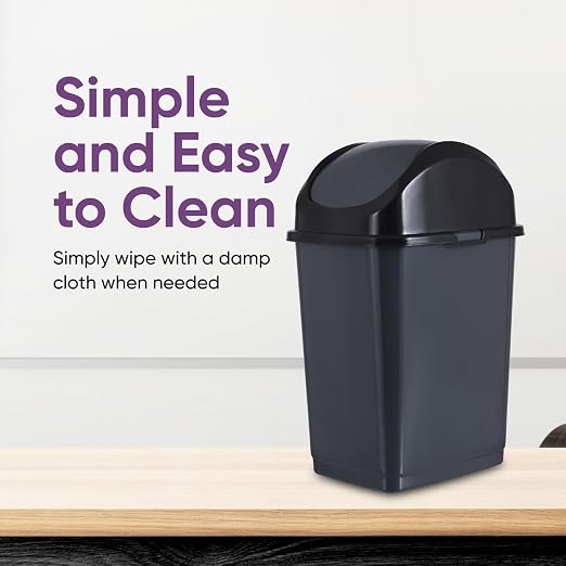 Superio Small 2.5 Gallon Plastic Trash Can with Swing Top Lid, Compact Slim Waste Bin for Under Desk, Office, Bedroom, Bathroom, Dorm Room, 10 Qt. Portable Garbage Can (Dark Grey, 2 Pack)