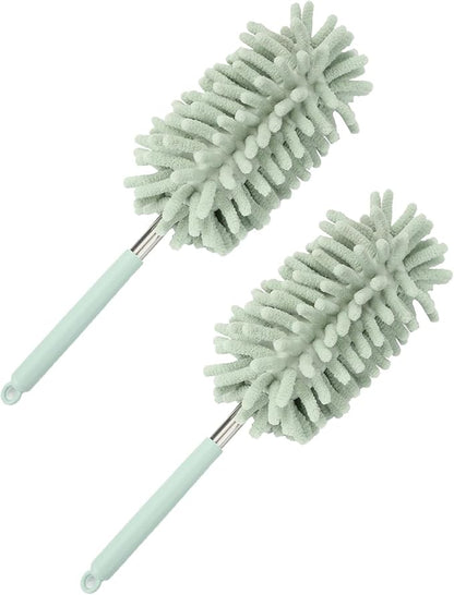 2PCS Car Interior Duster with Extension Pole, Microfiber Retractable Dusters Auto Dash Cleaning Tool, Soft Chenille Hand Washable Dusters for Vehicle Window Office Furniture (Light Green)